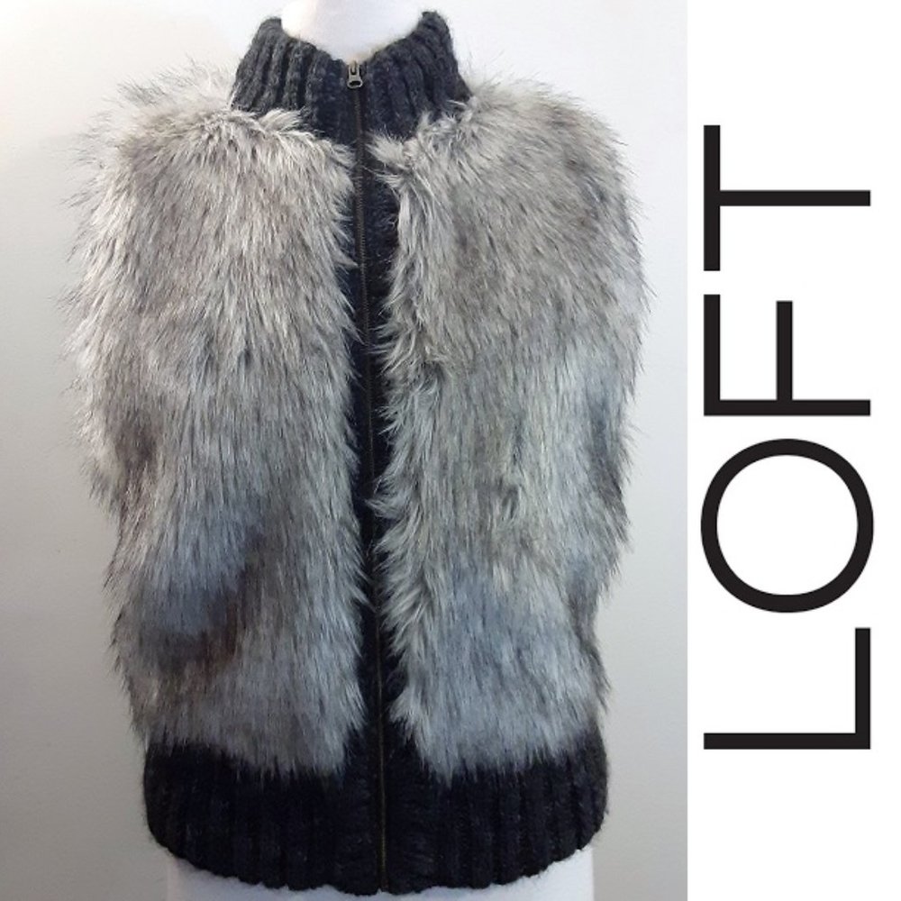 LOFT Faux Fur & Wool Chunky Sweater Gray Vest
